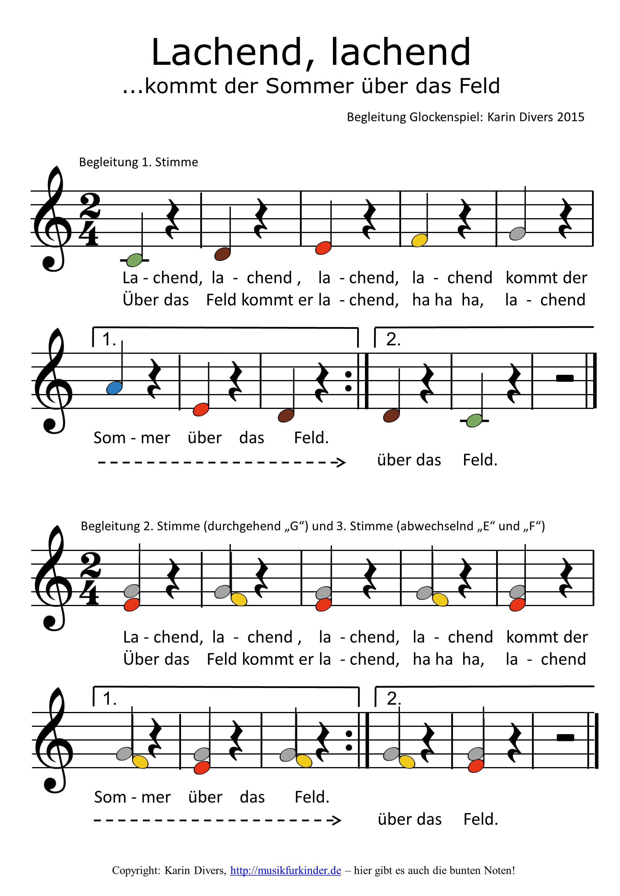 Lachend, lachend kommt der Sommer über das Feld... Bunte Noten fürs Glockenspiel (Begleitung)